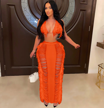 🏖️ Coastal Breeze Tassel Knit Cover-Up Set – Sleeveless Crop Top & Long Beach Skirt