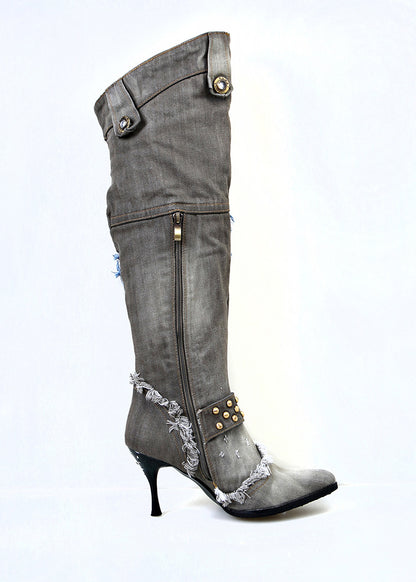 Women’s Distressed Denim Over-the-Knee Stiletto Boots with Belt Buckles & Beaded Accents