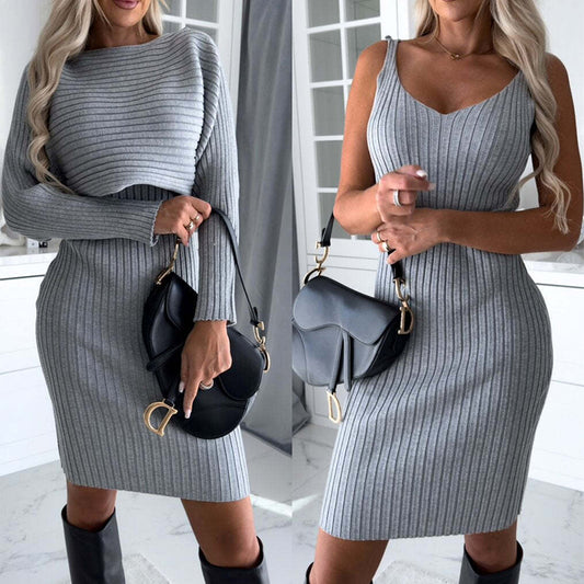 Women’s Ribbed Knit 2-Piece Set – Long Sleeve Top & Suspender Midi Skirt