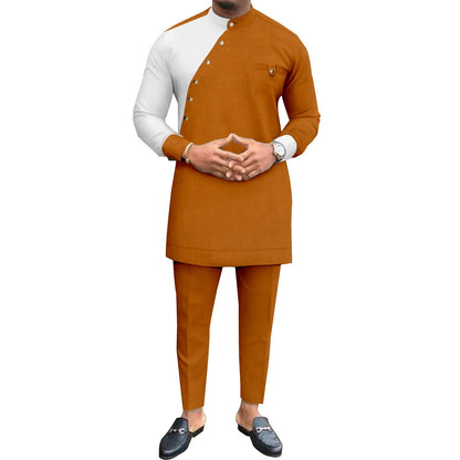 African Cotton Long Sleeve Leisure Suit – Traditional 2-Piece Shirt & Pants Set