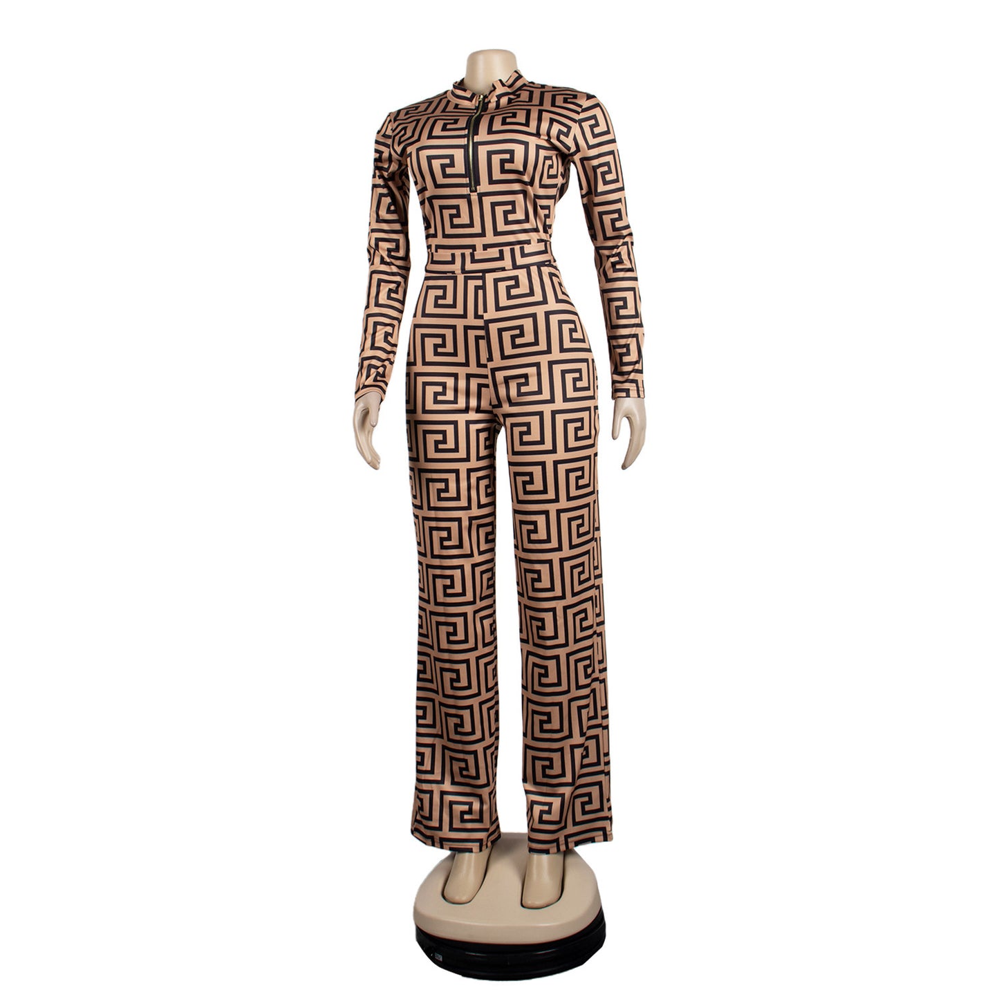 🔥 Geometric Luxe Deep V-Neck Long Sleeve Zip-Up Tie Waist Jumpsuit