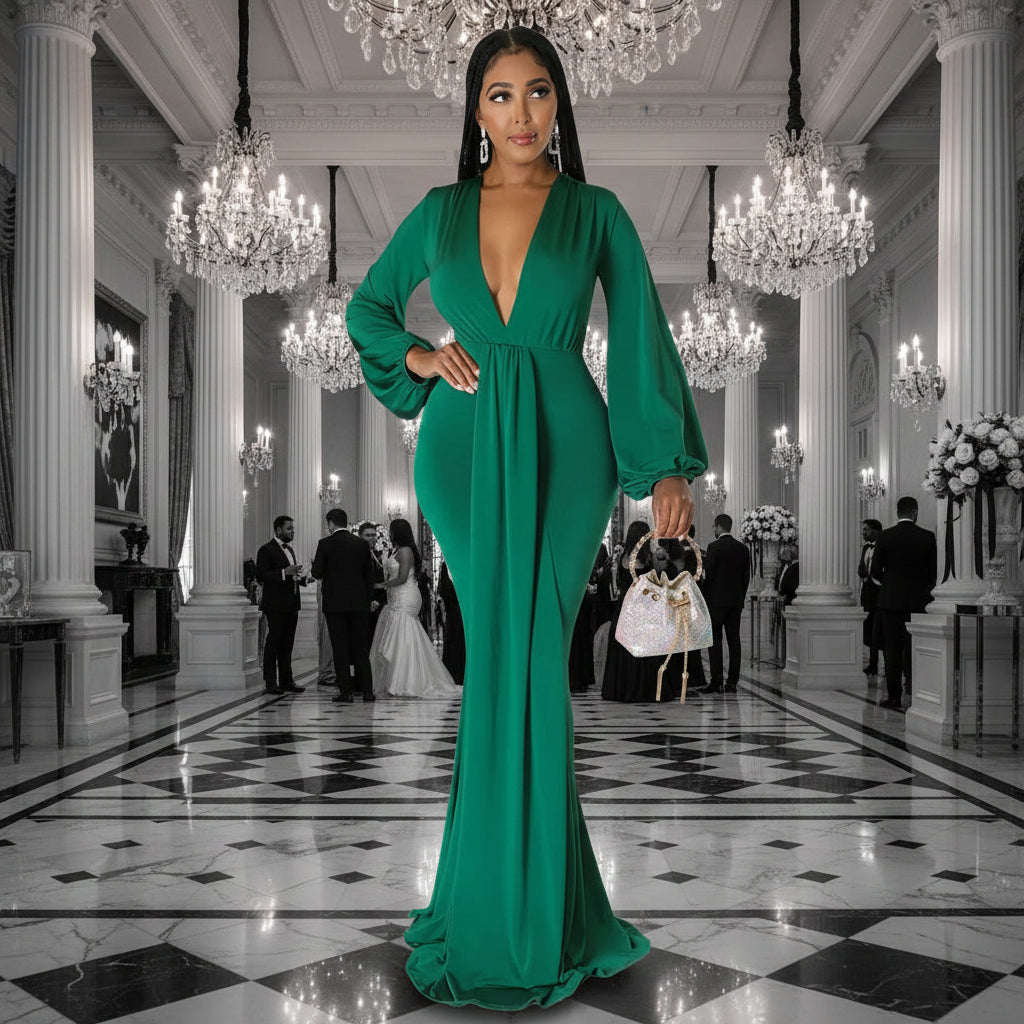 Luxury Deep V-Neck Lantern Sleeve Fishtail Evening Gown – Elegant Slim-Fit Mop Dress