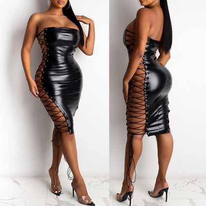 Women's Faux Leather Lace-Up Bodycon Midi Dress – Strapless Clubwear in Red & Black