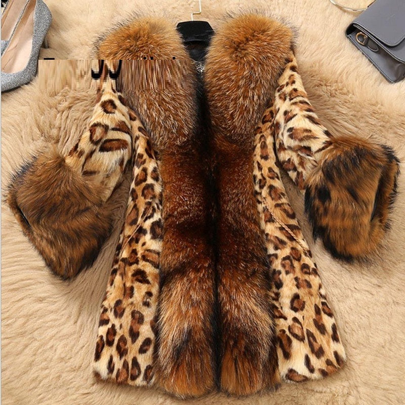 Luxury Leopard Print Faux Fur Coat – Mid-Length Winter Jacket with Fluffy Cuffs & V-Neck for Women