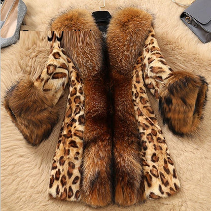 Luxury Leopard Print Faux Fur Coat – Mid-Length Winter Jacket with Fluffy Cuffs & V-Neck for Women
