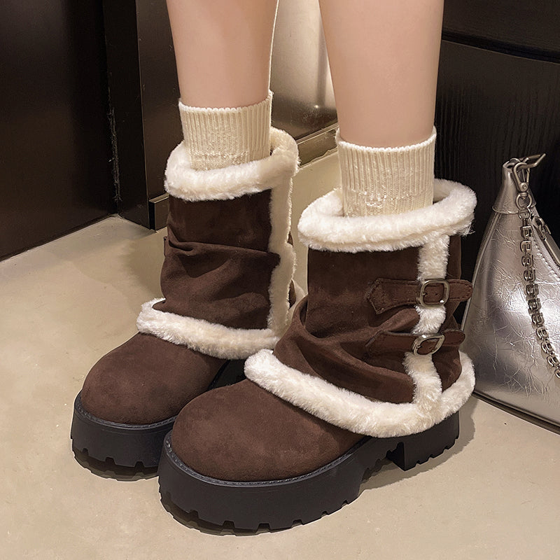 Women’s Suede Fur-Lined Winter Buckle Boots | Thick Sole Cozy Snow Ankle Boots
