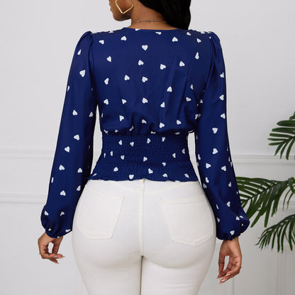 Navy Heart Print V-Neck Ruched Long Sleeve Blouse
