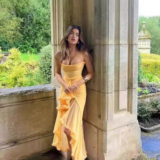 Yellow Lace Strap Long Dress – Elegant Sleeveless Maxi in Orange Hue