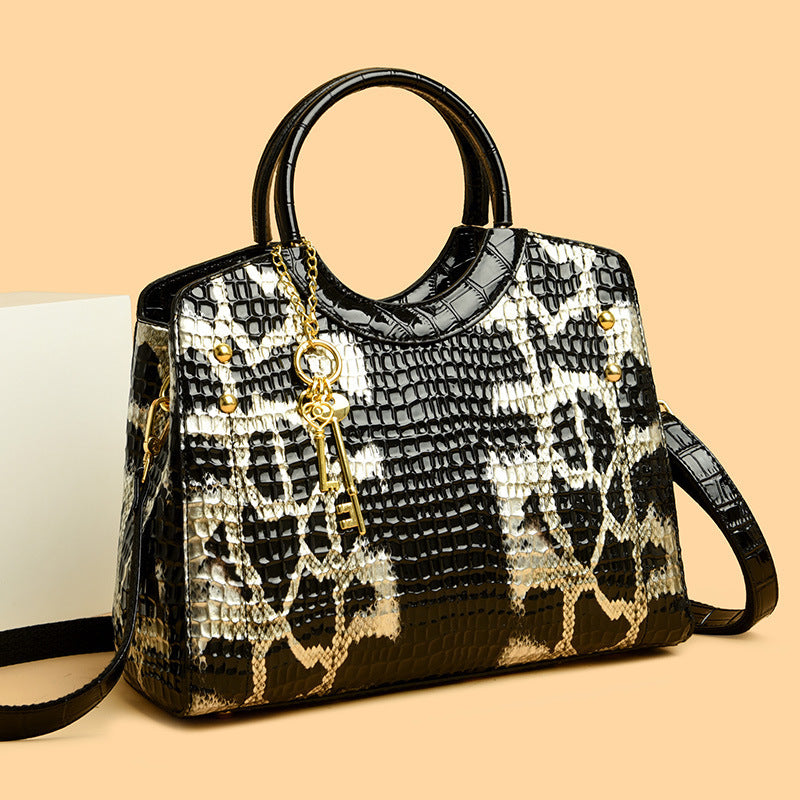 Women’s Luxury Snakeskin Pattern Genuine Leather Handbag – Retro Large Tote with Gold Key Charm