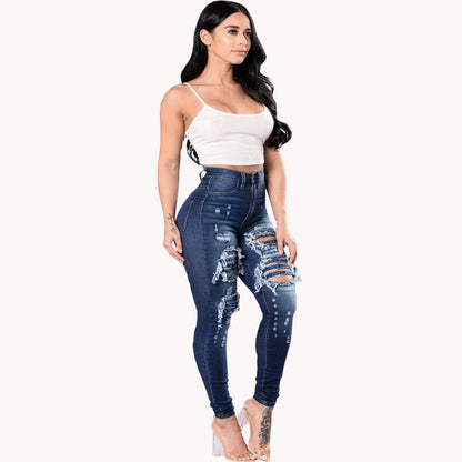 Women’s Ripped Washed Denim Skinny Jeans – Mid-Waist Stretch Fit in Black, Light Blue & Dark Blue