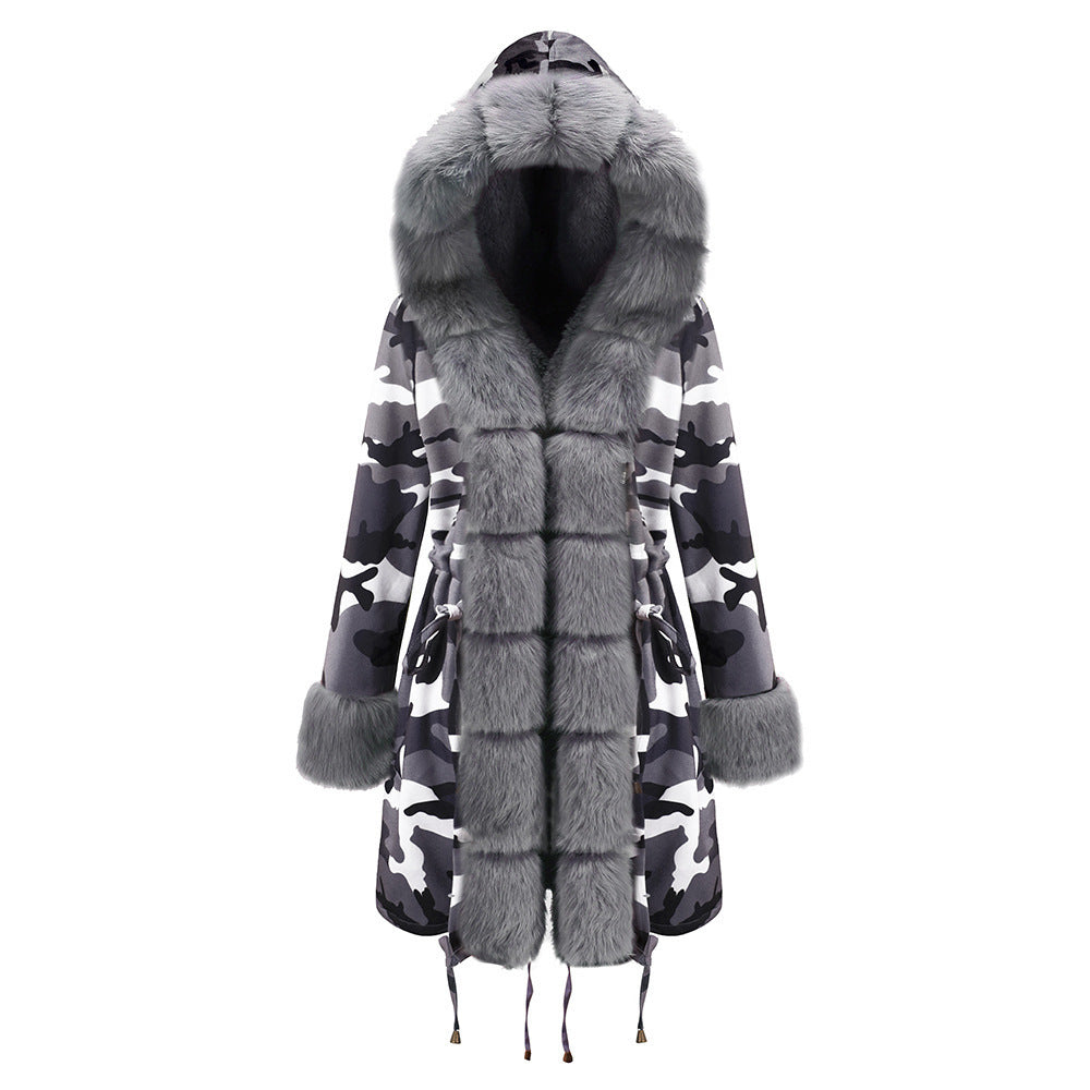 Women’s Hooded Cotton Jacket with Fur Collar – Winter Warm Long Coat