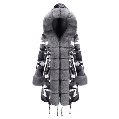 Women’s Hooded Cotton Jacket with Fur Collar – Winter Warm Long Coat