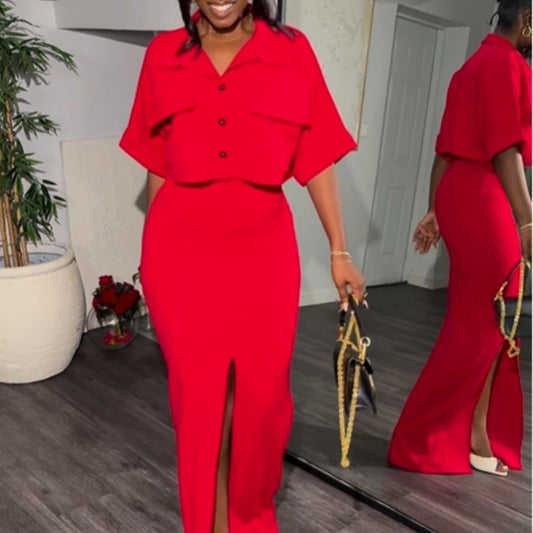 👗 2-Piece Batwing Sleeve Polo Top & Front Slit Midi Skirt Set – Fresh Summer Style