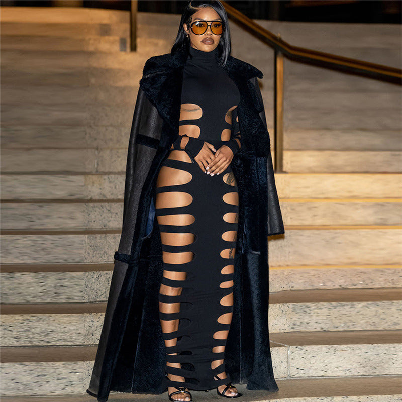 Sexy Cutout Ripped Bodycon Long Sleeve Maxi Dress