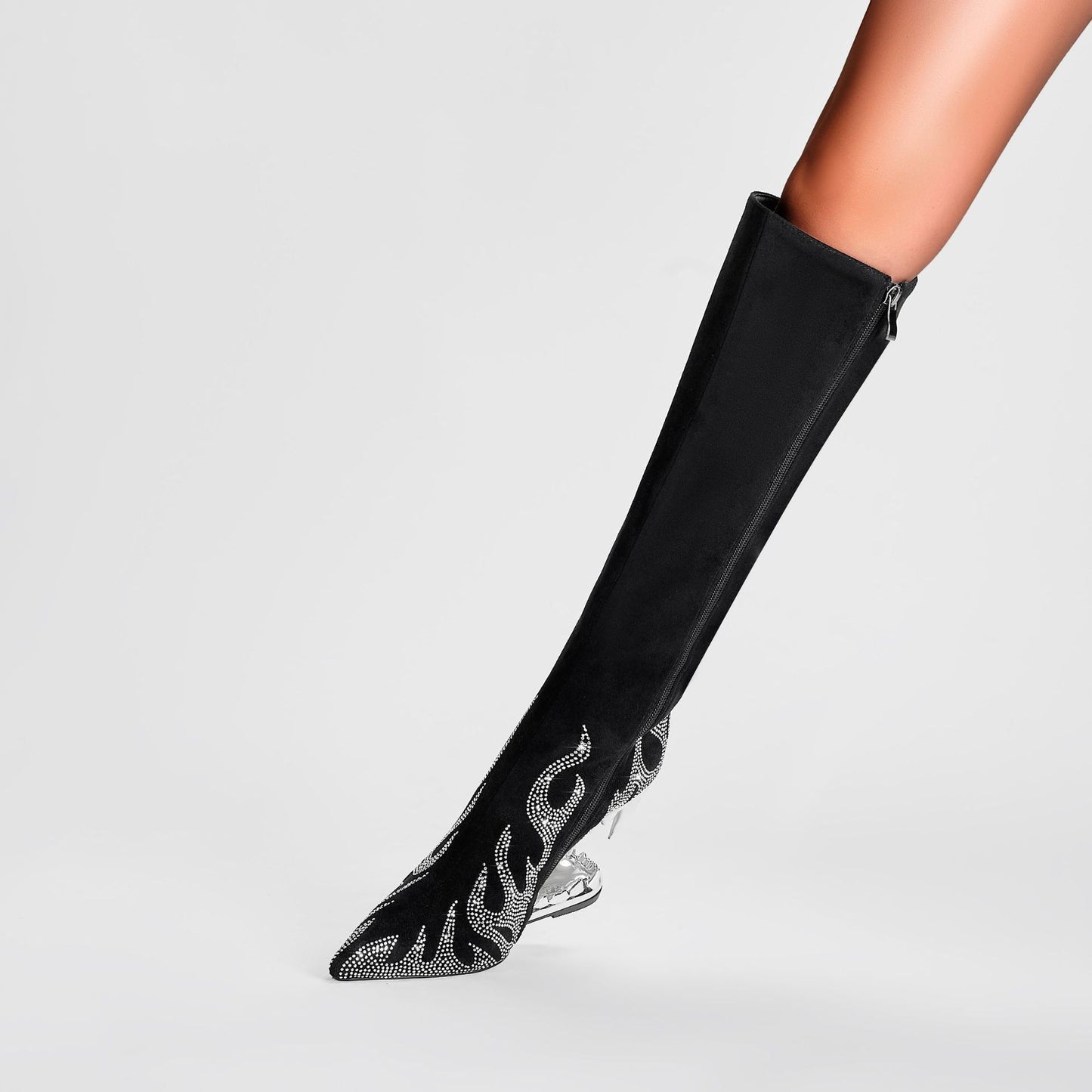Women's Rhinestone Flame Stiletto Boots with Sculpted Tiger Tooth Heel