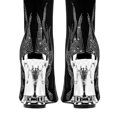 Women's Rhinestone Flame Stiletto Boots with Sculpted Tiger Tooth Heel
