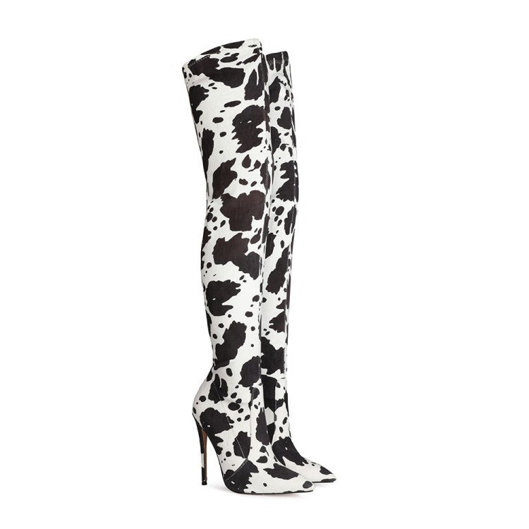 🐄 New Fashion European Style Cow Print Over-the-Knee Stiletto High Heel Boots