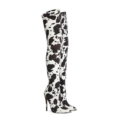 🐄 New Fashion European Style Cow Print Over-the-Knee Stiletto High Heel Boots