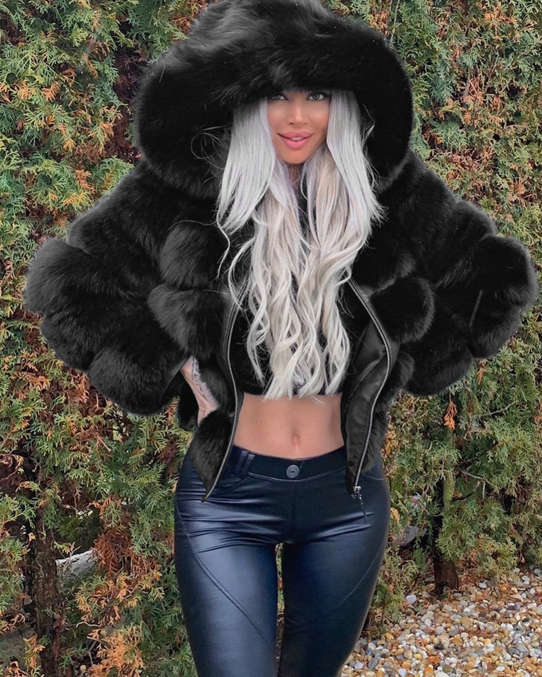 Luxury Faux Fur Hooded Jacket – Women’s Long Sleeve Winter Coat