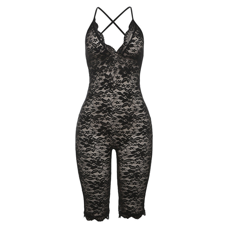Lace See-Through High Waist Bodysuit – Sleeveless Slim Fit One-Piece