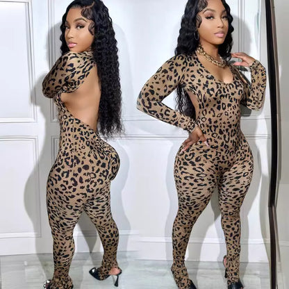 Women’s Leopard Print Backless Jumpsuit – Long Sleeve Skinny Fit | Streetwear Style