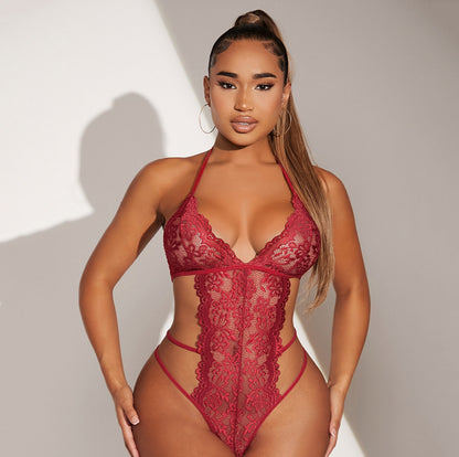 🌹 Seductive Allure Lace Jumpsuit – Wine Red, Sheer Elegance & Sultry Fit