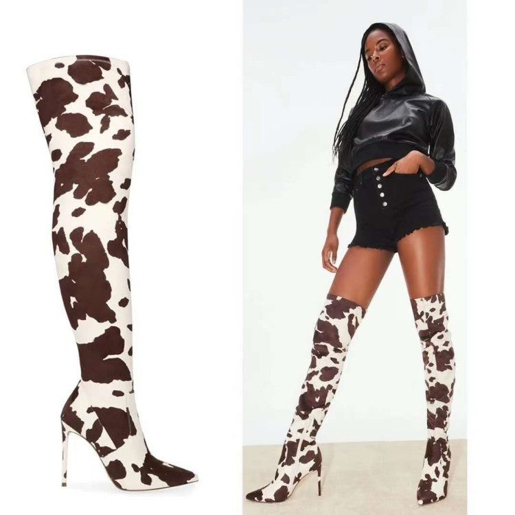 🐄 New Fashion European Style Cow Print Over-the-Knee Stiletto High Heel Boots