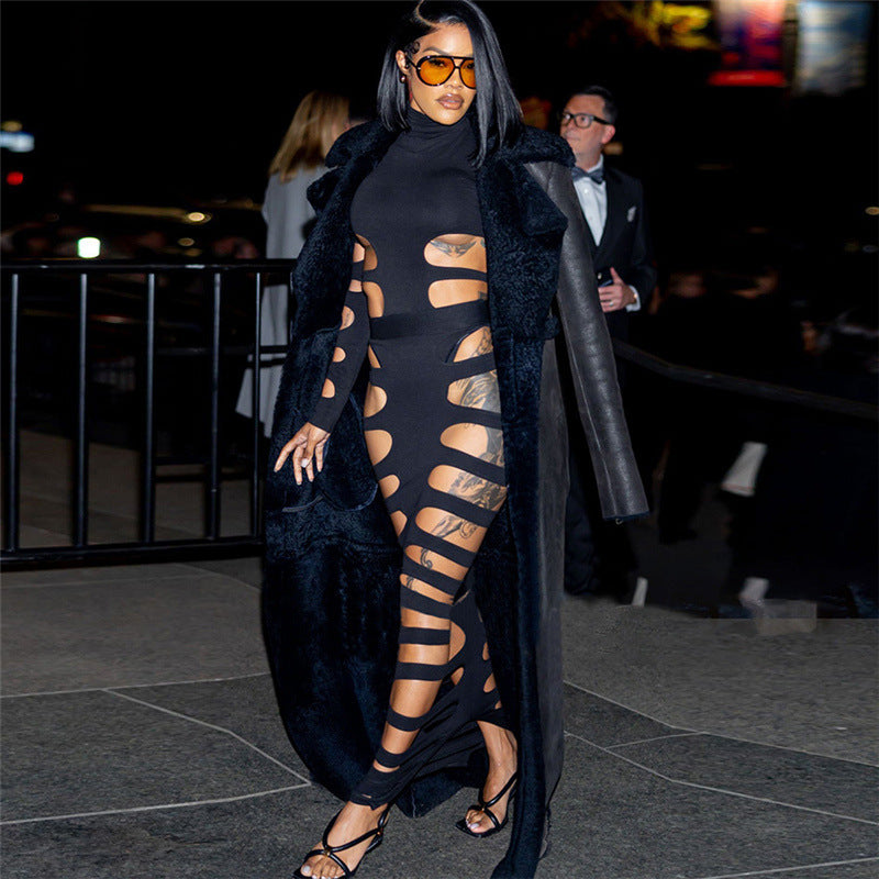 Sexy Cutout Ripped Bodycon Long Sleeve Maxi Dress