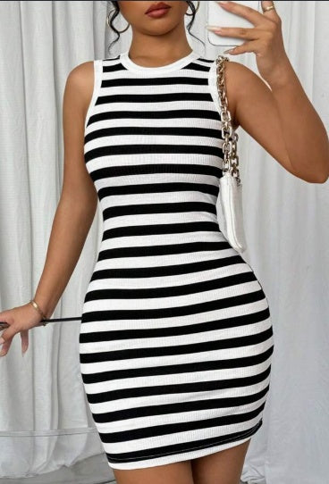 Relaxiva Ribbed Striped Bodycon Mini Dress – Sleeveless Round Neck Tank Style