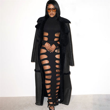 Sexy Cutout Ripped Bodycon Long Sleeve Maxi Dress