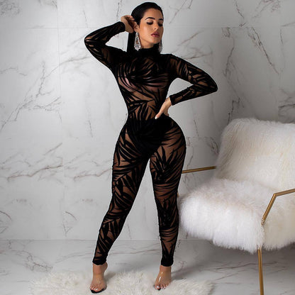 Illusion Mesh Bodycon Jumpsuit – Sheer Hollow Out, Sexy & Curve-Hugging