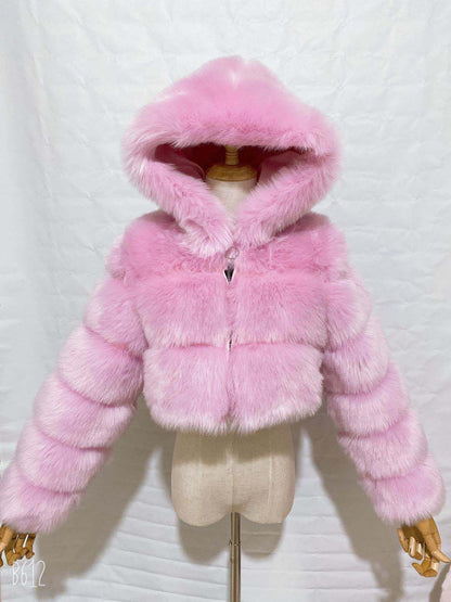 Luxury Short Hooded Faux Fur Coat – Women’s Plush Long Sleeve Winter Jacket