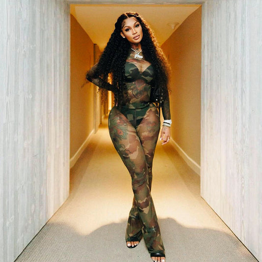 Women's Camouflage Mesh Top & Tight Trousers 2-Piece Casual Suit – Spring & Summer Set