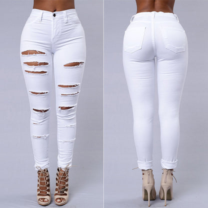High-Waist Ripped Skinny Jeans – Casual Stretch Pencil Pants for Women