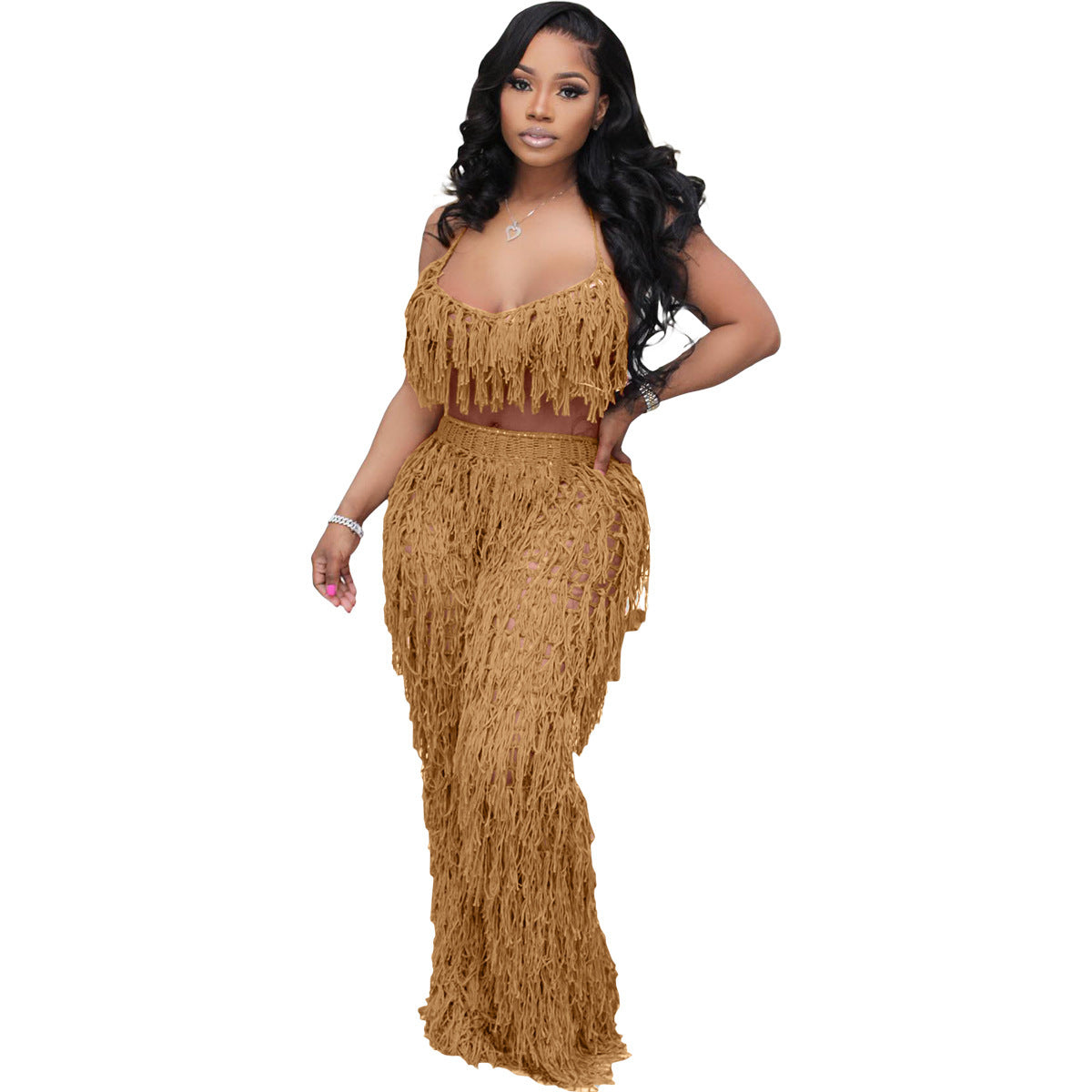 Women's See-Through Crochet Tassel Beach Set – 2-Piece Knitted Cover-Up Suit