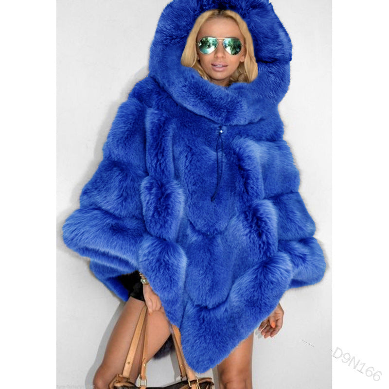 Luxury Hooded Faux Fur Patchwork Cape for Women – Oversized Plush Winter Coat in Elegant Solid Colors