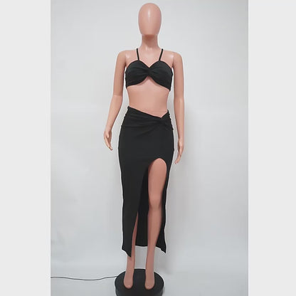 Ladies Pleated 2-Piece Halter Crop Top & Slit Maxi Skirt Set